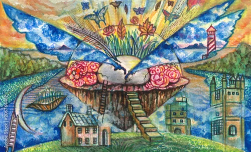 Obraz Art Design Surreal Fantasy. Ręcznie malowane akwarela na papierze.