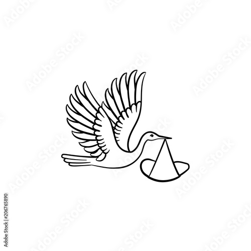 A stork carrying a warped baby hand drawn outline doodle icon