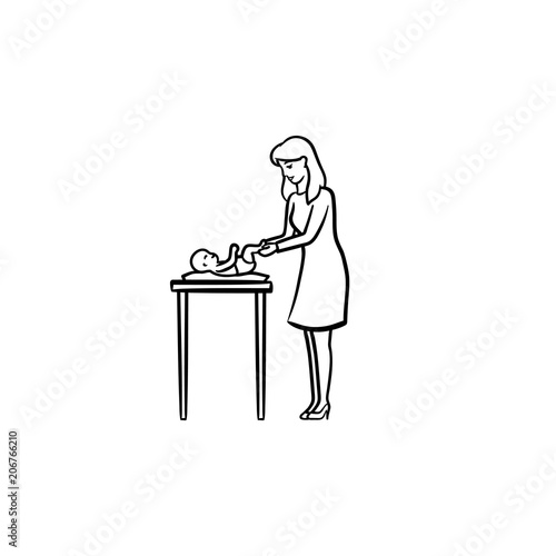 A mother changing baby's diaper on a table hand drawn outline doodle icon