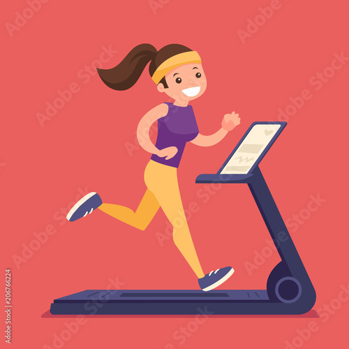 Young caucasian white woman running on treadmill. Sporty woman exercising on treadmill. Healthy lifestyle and sport concept. Vector cartoon illustration isolated on solid background. Square layout.