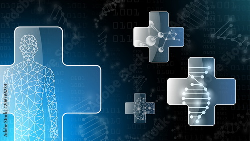 abstract background technology concept in blue light,brain and human body heal ,technology modern medical science in future and global international medical with tests analysis clone DNA human