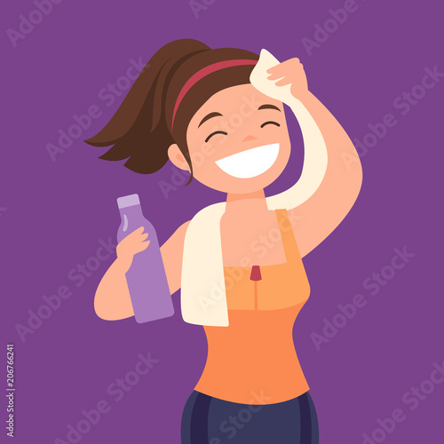 Young caucasian white sporty woman drinking water and wiping sweat with a towel after workout. Healthy lifestyle concept. Vector cartoon illustration isolated on solid background. Square layout.