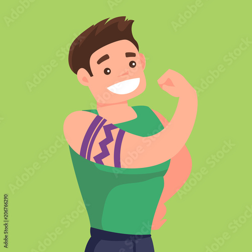 Young caucasian white bodybuilder sportsman with a tattoo showing biceps. Professional sportsman demonstrating muscular body. Vector cartoon illustration isolated on solid background. Square layout.