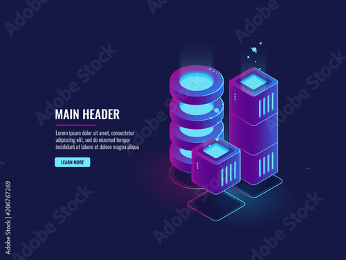 Digital city concept, server room, big data center and database icons, cloud storage, dark neon isometric