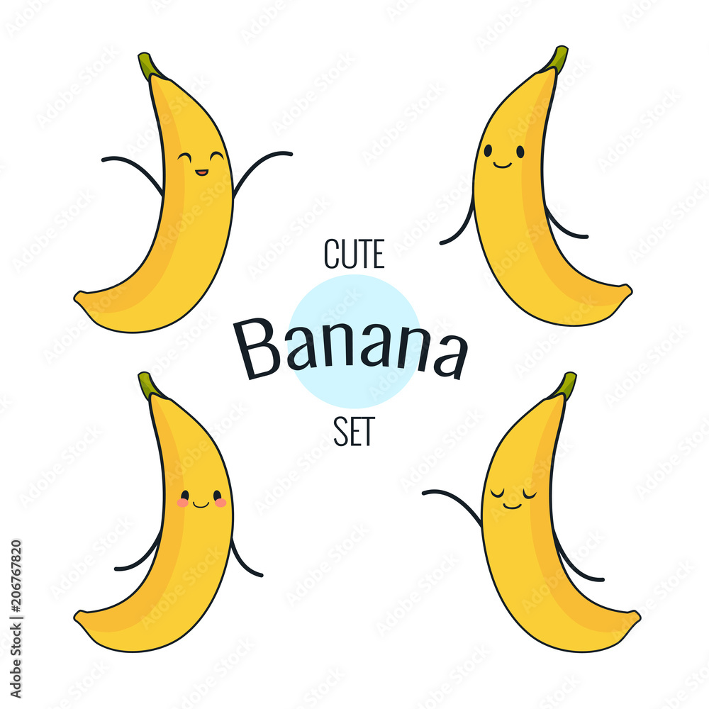 Funny cartoon banana character with different emotions on the face