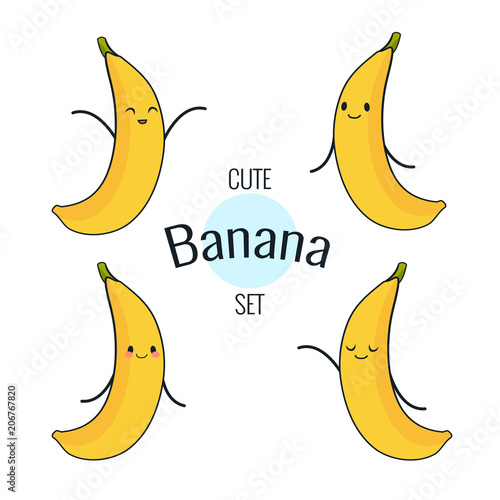 Funny cartoon banana character with different emotions on the face. Comic emoticon stickers set. Vector icons, isolated on white.