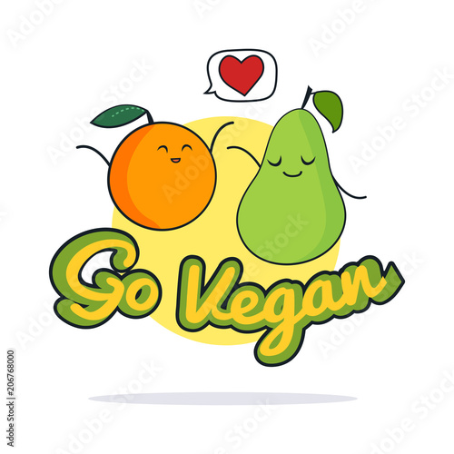 Go vegan poster. Funny orange and pear cartoon characters. Vector illustration