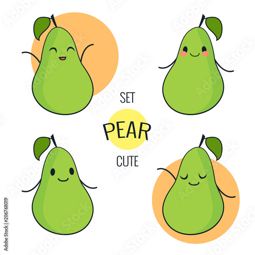Funny cartoon pear character with different emotions on the face. Comic emoticon stickers set. Vector icons, isolated on white.