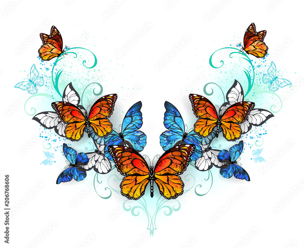 Symmetrical pattern of blue and orange butterflies