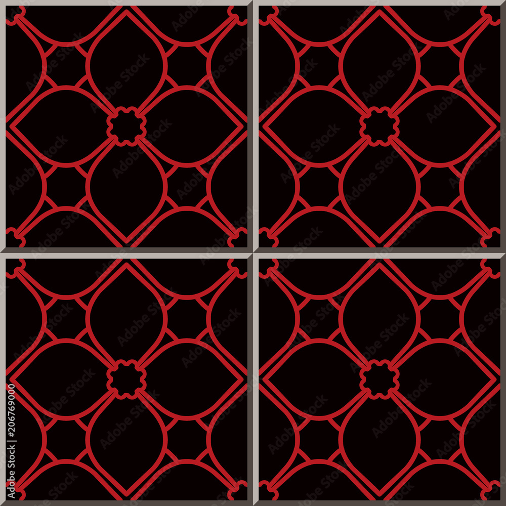 Fototapeta premium Ceramic tile pattern Red Curve Cross Frame Flower Line