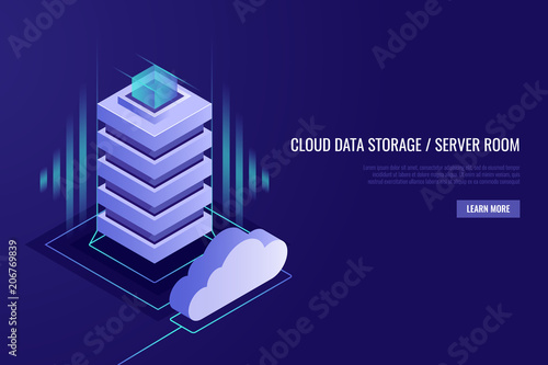 Hosting concept with cloud data storage and server room. Server rack with cloud.Isometric style