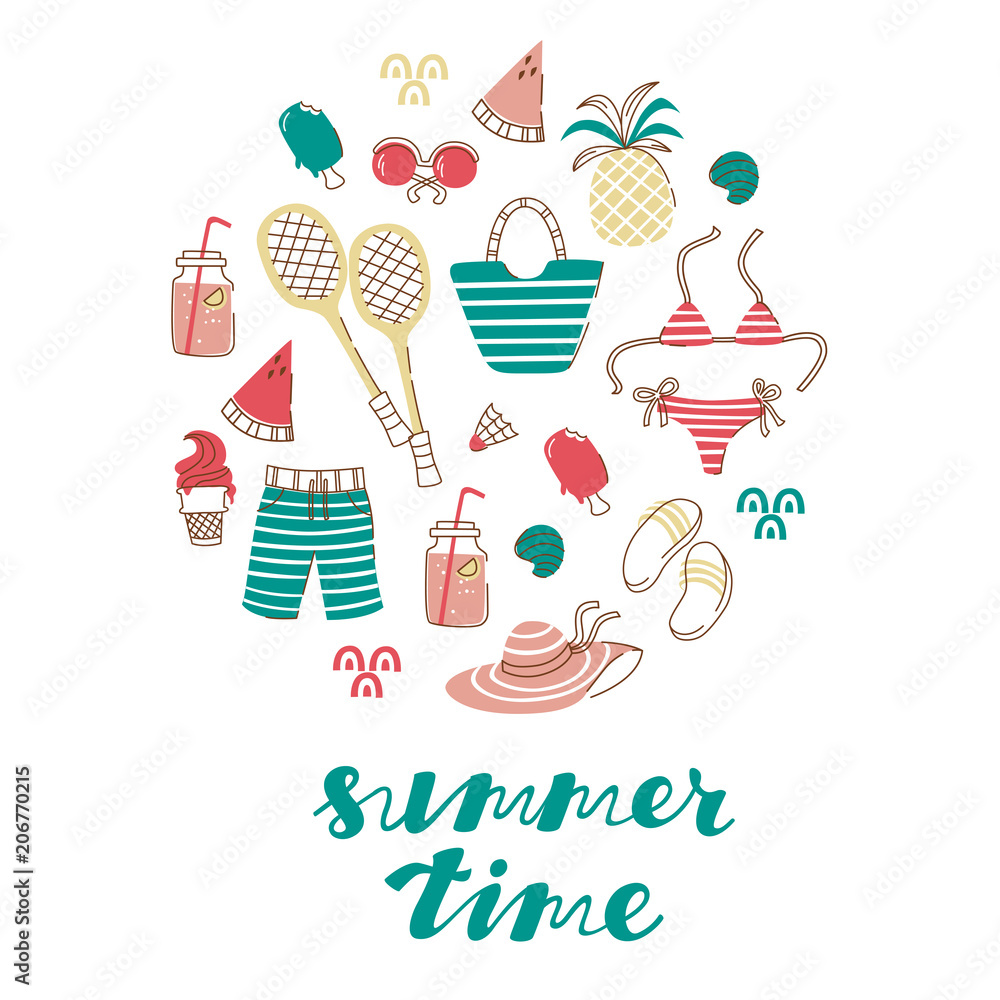 Fototapeta premium Beach Cute Doodle Elements Set. Hand Drawn Vector Illustration Isolated on White Background.