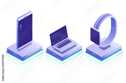 Smart devices on wireless battery charger .Conceptual isometric icons of laptop, phone,watches.Isometric style