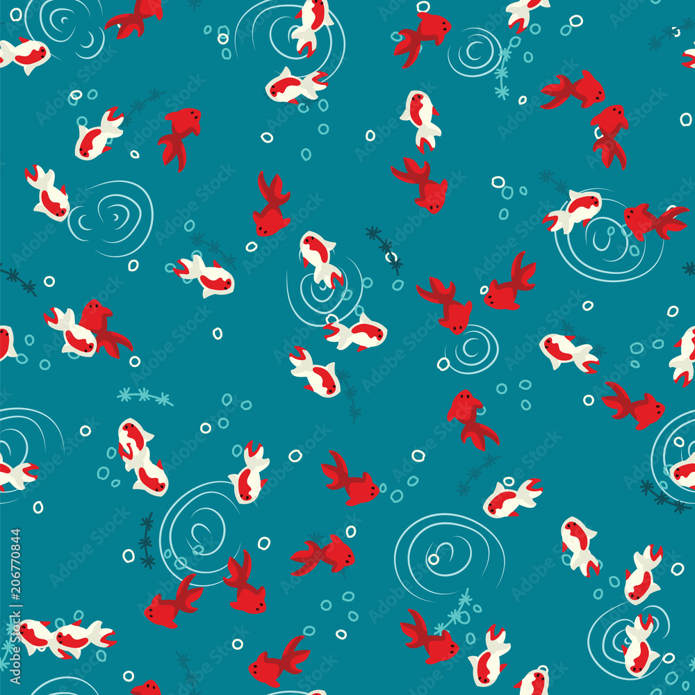 Seamless pattern White and red koi carp swimming in blue pond water top view. Goldfish swimming in lake water pattern background. Seamless pattern White and red koi carp swimming in blue pond water top view. Goldfish swimming in lake water pattern background.
