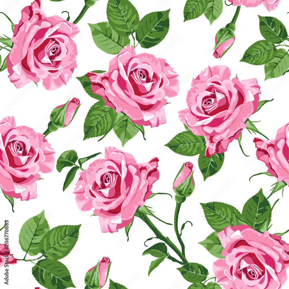 Pink roses and leaves seamless pattern