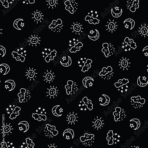 Pattern sun and moon with stars in sky, white clouds with rain drops and snowflakes on black background. Weather pattern with sun, cloud, moon and stars. © babushka_p90