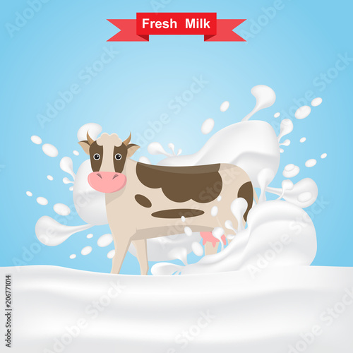 milk cow stand on fresh milk splash