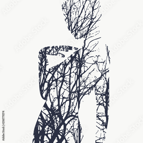 Confused woman raising her hand to face. Sexy lady silhouette. Double exposure