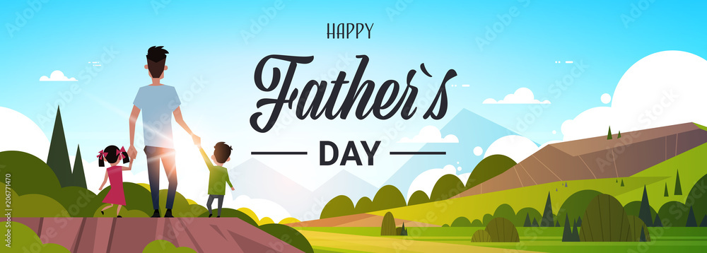 happy father day family holiday daughter and son hold dad hand stand back looking sunset concept greeting card flat vector illustration - obrazy, fototapety, plakaty 