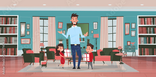 happy father day family holiday daughter and son present gifts for dad in living room greeting card flat vector illustration