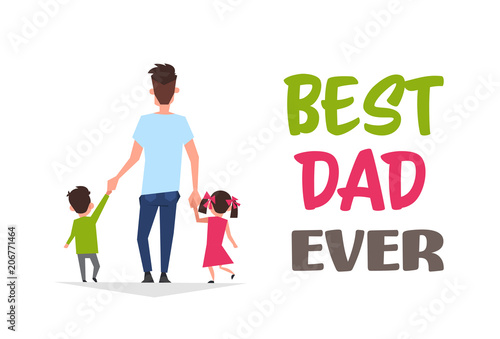 happy father day family holiday daughter and son hold dad hand stand back greeting card flat vector illustration