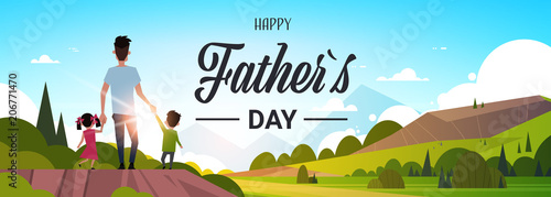 happy father day family holiday daughter and son hold dad hand stand back looking sunset concept greeting card flat vector illustration