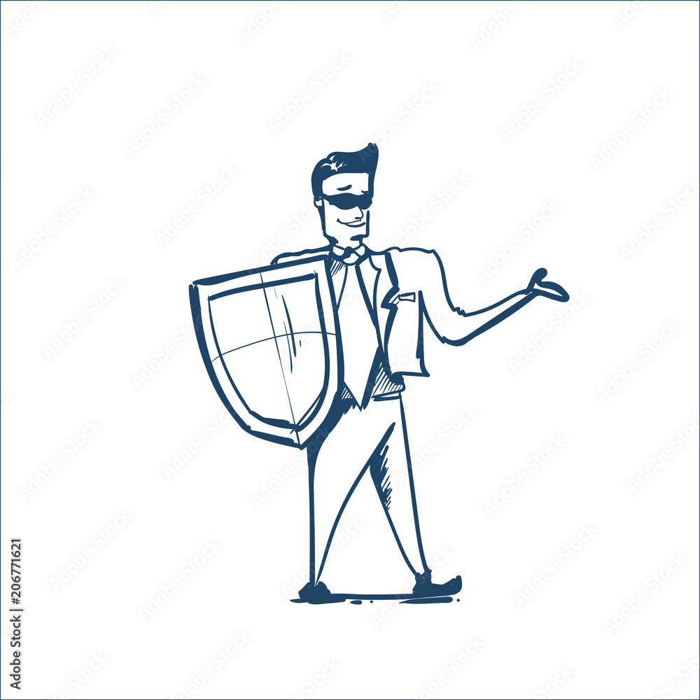 man in business suit shield protecting computer office deck General Data Protection Regulation GDPR concept hand drawing vector illustration