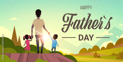 happy father day african family holiday daughter and son hold dad hand stand back looking sunset concept greeting card flat vector illustration