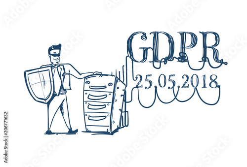 man in business suit shield standing near raw of servers General Data Protection Regulation GDPR server secuirity guard hand drawing vector illustration photo