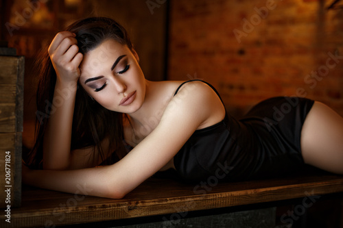 Samolepka Beautiful girl in a sexy black lingerie