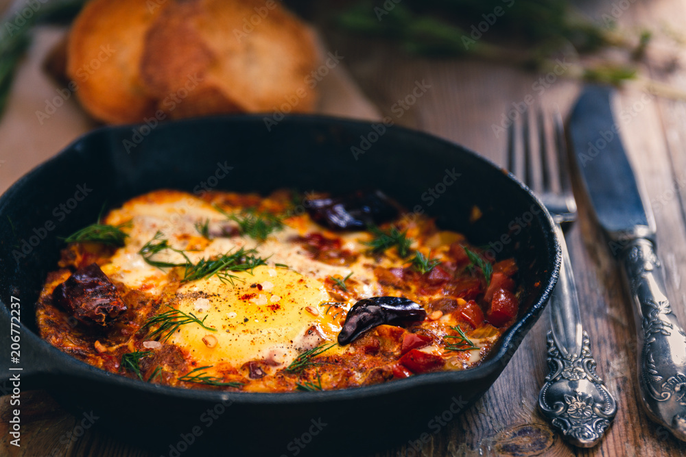Shakshuka dish in a pan on a wood vintage rustic background