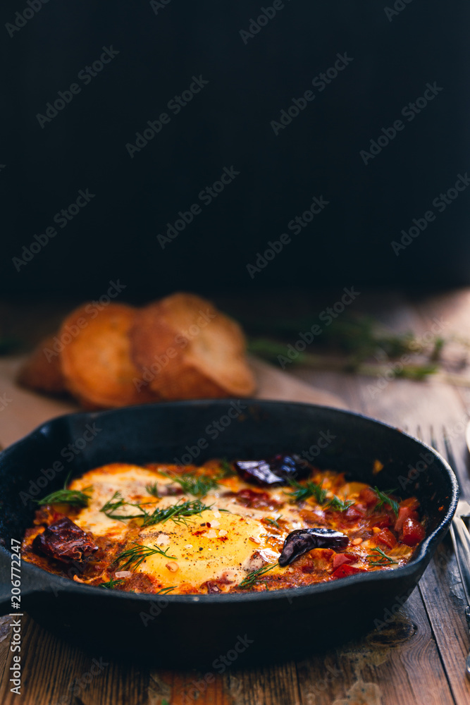 Shakshuka dish in a pan on a wood vintage rustic background