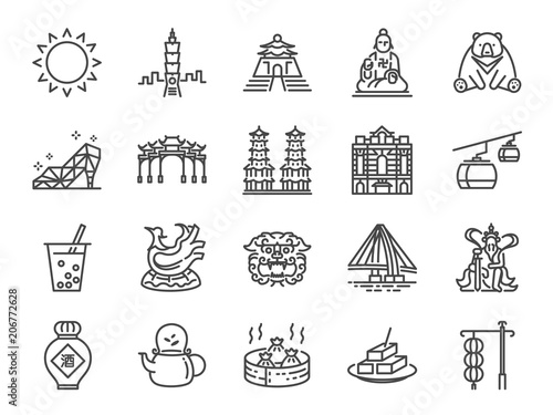 Taiwan icon set. Included the icons as Taipei, Chinese stone lion, bubble tea, Distilled Liquor, tea, stinky tofu, bear and more.