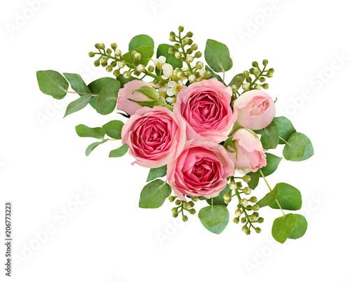 Eucalyptus leaves  bird-cherry and pink rose flowers in a corner arrangement