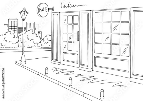 Bar exterior graphic black white city sketch illustration vector
