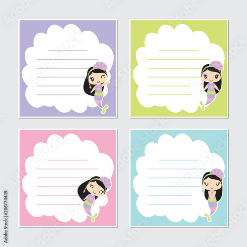 Cute colorful mermaid girl frame vector cartoon illustration for summer memo paper design, stationery and planner sticker