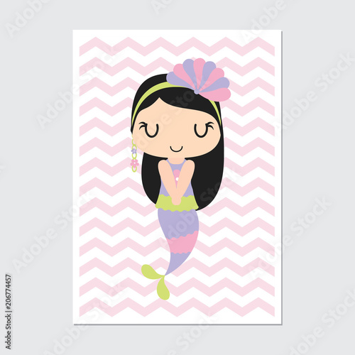 Cute mermaid girl sleeps on chevron background vector cartoon illustration for baby nursery wall, wallpaper and postcard