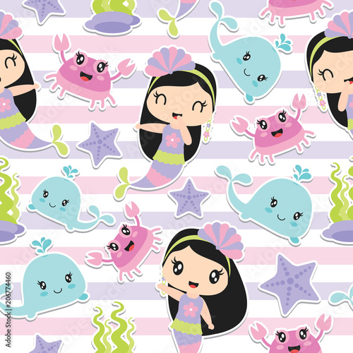 Seamless pattern of cute mermaid girl and sea elements on striped background vector cartoon illustration for kid wrapping paper, kid fabric clothes, and wallpaper
