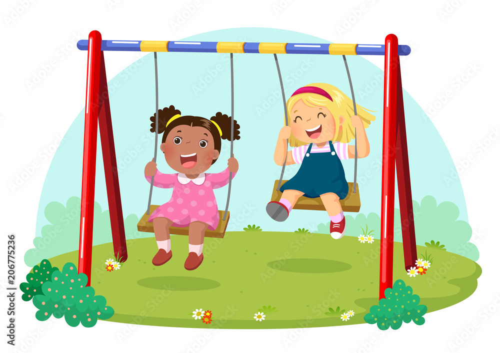 Cute kids having fun on swing in playground