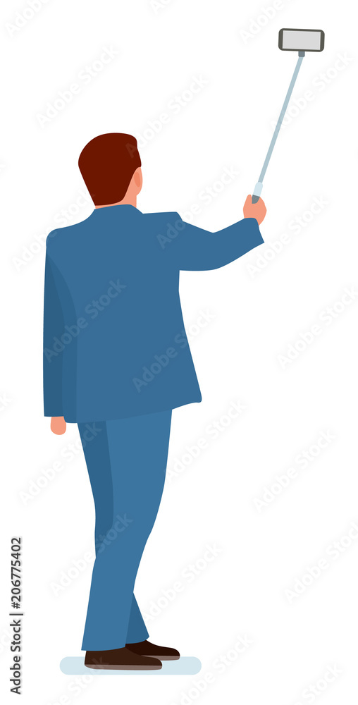 Man having shooting mobile phone selfie picture. Vector flat design illustration isolated on white background. Man having shooting mobile phone selfie picture. Vector flat design illustration isolated on white background.