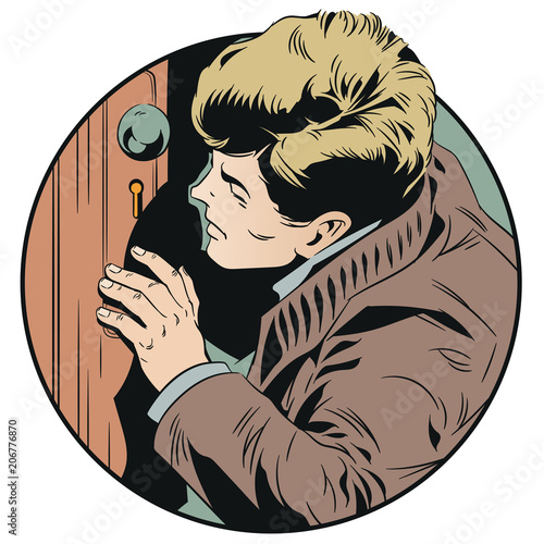 Man is peeking into keyhole. Stock illustration.