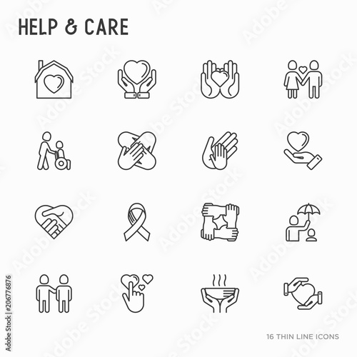 Help and care thin line icons set: symbols of support, help for children and disabled, togetherness, philanthropy and donation. Vector illustration.