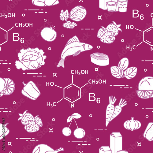 Seamless pattern with foods rich in vitamin B6.