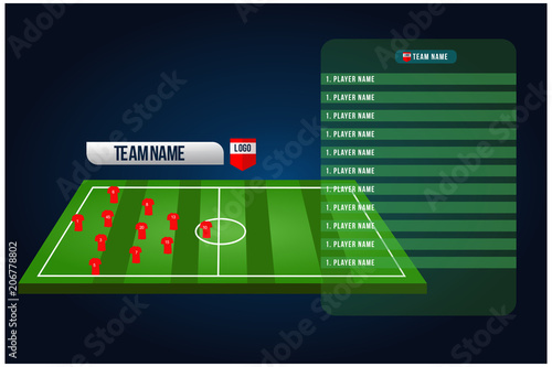 Soccer starting lineup squad. Football or soccer playing field with set of infographic. broadcast Graphics for soccer. vector illustration