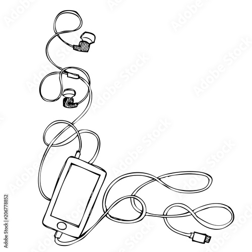 grunge smart phone with earphones, usb cable and plug