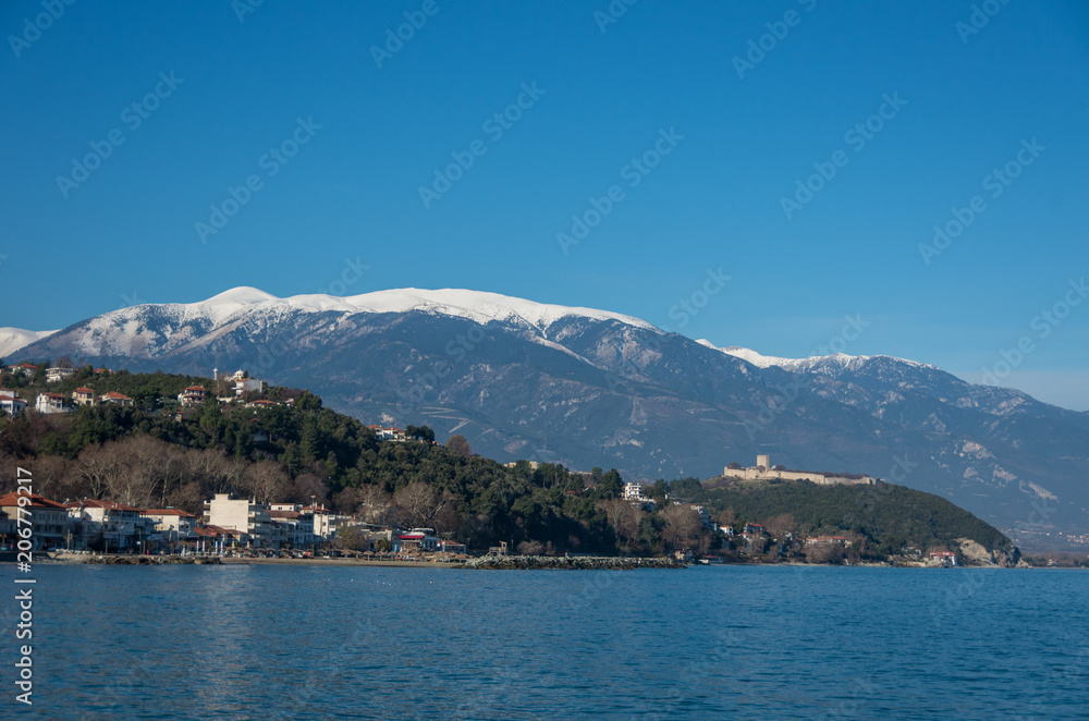 Panoramic view of the famous castle of Platamon, Platamonas village, and Olympus mount at background. Pieria - Greece
