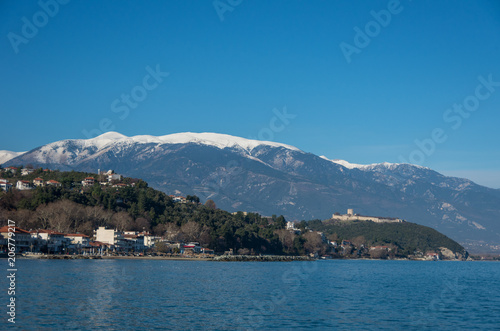 Panoramic view of the famous castle of Platamon, Platamonas village, and Olympus mount at background. Pieria - Greece