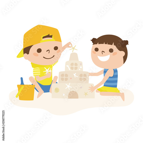 ビーチでお城を作って遊ぶ女の子と男の子のイラスト