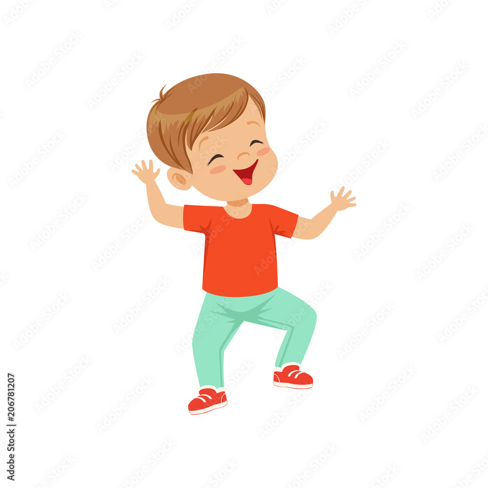 Cute smiling little boy dancing in casual clothes vector Illustration on a white background Cute smiling little boy dancing in casual clothes vector Illustration on a white background