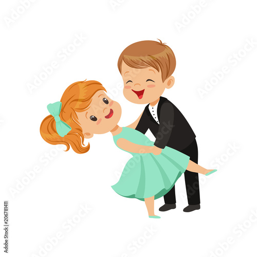 Cute little boy and girl dancing classical dance in elegant clothes vector Illustration i on a white background